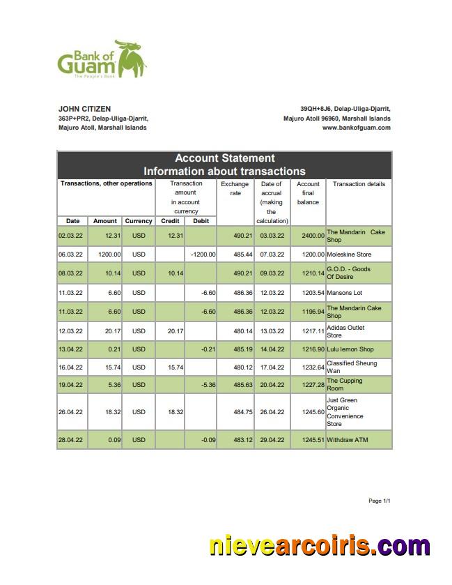 Marshall Islands Bank of Guam bank statement xls